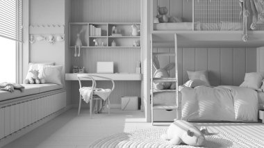 Tamamen beyaz proje taslak, ranzalı modern yatak odası, parke döşeme, bank ve jaluzili büyük pencere, masa, oyuncaklı halı, yastıklar ve yorgan. İç tasarım