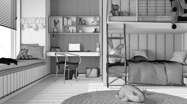 Tamamlanmamış proje taslağı, ranzalı modern yatak odası, parke zemin, jaluzili ve jaluzili büyük pencere, masa, oyuncaklı halı, yastıklar ve yorgan. İç tasarım