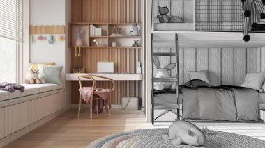 Mimari iç mimar konsepti: elle çizilmiş tamamlanmamış proje, ranzalı yatak odası, parke zemin, bank ve jaluzili büyük pencere, masa