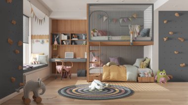 Gri renkli ranzalı, pastel tonlu, parke zeminli, jaluzili büyük pencereli masa, oyuncaklı halı, yastık ve yorgan. Konforlu iç tasarım