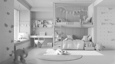 Tamamen beyaz proje taslak, ranzalı modern çocuk odası, parke zemin, bank ve jaluzili büyük pencere, masa, oyuncaklı halı, yastıklar ve yorgan. Konforlu iç tasarım