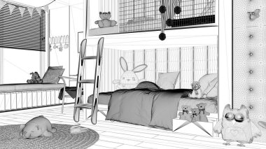 Taslak proje taslağı, ranzalı ahşap modern çocuk odası, parke zemin, bank ve jaluzili büyük pencere, masa, oyuncaklı halı, yastıklar, yorgan. Konforlu iç tasarım