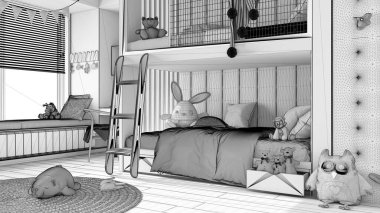 Tamamlanmamış proje taslağı, ranzalı ahşap modern çocuk odası, parke zemin, bank ve jaluzili büyük pencere, masa, oyuncaklı halı, yastıklar, yorgan. Konforlu iç tasarım