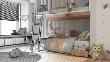 Mimari iç mimar konsepti: elle çizilmiş tamamlanmamış proje, ranzalı yatak odası, parke zemin, masa, oyuncaklı halı, yastıklar, yorgan