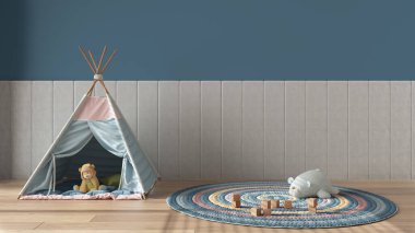 Çocukların yatak odası arka planında mavi ve pastel tonlarda fotokopi alanı, parke zemin, kadife duvar paneli, renkli çadır, oyuncak ayı ve tahta oyuncaklarla dolu yuvarlak başlık. İç tasarım