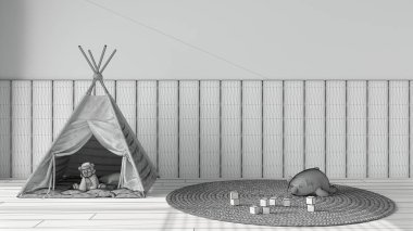 Tamamlanmamış proje taslağı, fotokopi odası arka planı, parke zemin, kadife duvar paneli, renkli çadır, oyuncak ayı ve tahta oyuncaklarla dolu yuvarlak başlık. İç tasarım