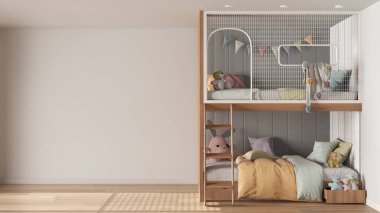 Children bedroom background with copy space in white and pastel tones, parquet floor, wooden bunk bed with duvet, pillows, ladder and toys. Template mock-up interior design concept