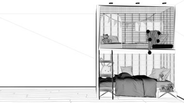Proje taslağı, çocuk odası arka planı fotokopi alanı, parke zemin, yorganı, yastığı, merdiveni ve oyuncakları olan ahşap yatak. Şablon modelleme iç tasarım kavramı