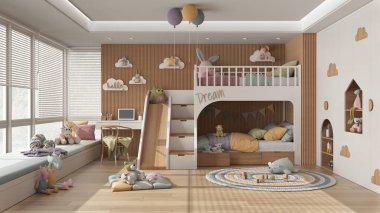 Modern wooden children bedroom with bunk bed in white and pastel tones, parquet floor, big window with sofa, desk with chair, wardrobe, carpet, toys and decors. Interior design