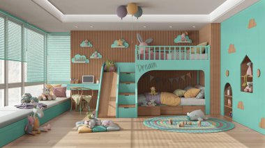 Modern wooden children bedroom with bunk bed in turquoise and pastel tones, parquet floor, big window with sofa, desk with chair, wardrobe, carpet, toys and decors. Interior design