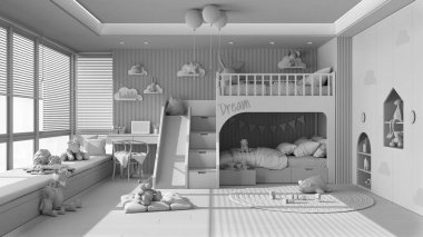 Tamamen beyaz proje taslağı, ranzalı modern ahşap çocuk odası, parke zemin, kanepeli büyük pencere, sandalyeli masa, gardırop, halı, oyuncaklar ve dekorlar. İç tasarım