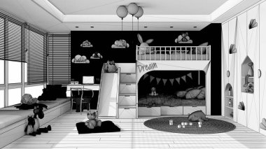 Tamamlanmamış proje taslağı, ranzalı modern ahşap yatak odası, parke zemin, kanepeli büyük pencere, sandalyeli masa, gardırop, halı, oyuncaklar ve dekorlar. İç tasarım