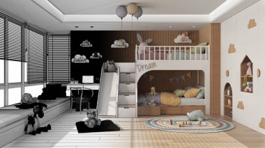 Mimari iç mimar konsepti: tamamlanmamış el yapımı taslak proje, ranzalı yatak odası, parke zemin, kanepeli büyük pencere, sandalyeli masa