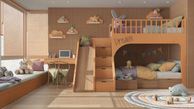 Rahat ahşap yatak odası portakal rengi ve pastel tonlu ranza, parke zemin, Venedik panjurlu büyük pencere, kanepe, sandalyeli masa, halı, oyuncaklar ve dekorlu. İç tasarım