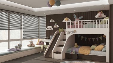 Modern ahşap yatak odası, ranza tonları ve pastel renkler, parke zemin, kanepe, merdiven ve kaydırak, sandalye, halı, oyuncaklar, dekorlu masa. İç tasarım