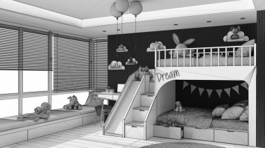 Tamamlanmamış proje taslağı, ranzalı modern ahşap yatak odası, parke zemin, kanepeli büyük pencere, merdiven ve kaydırak, sandalyeli masa, halı, oyuncaklar, dekorlar. İç tasarım