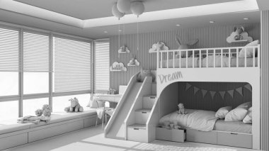 Tamamen beyaz proje taslağı, ranzalı modern ahşap yatak odası, parke zemin, kanepeli büyük pencere, merdiven ve kaydırak, sandalyeli masa, halı, oyuncaklar, dekorlar. İç tasarım