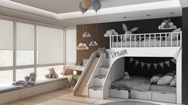 Mimari iç mimar konsepti: elle çizilmiş tamamlanmamış proje, ranzalı yatak odası, parke, kanepe, merdiven ve kaydırak, halı, oyuncaklar, dekorlar