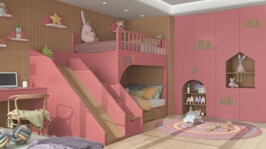 Modern ahşap çocuk yatak odası kırmızı ve pastel tonlarda, merdivenli ve kaydırmalı ranza, parke zemin, sandalye ve dizüstü bilgisayarlı masa, yuvarlak halı, oyuncaklar ve dekorlar. İç tasarım