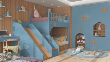 Modern ahşap çocuk yatak odası mavi ve pastel tonlarda, merdivenli ve kaydırmalı ranza, parke zemin, sandalye ve dizüstü bilgisayarlı masa, yuvarlak halı, oyuncaklar ve dekorlar. İç tasarım