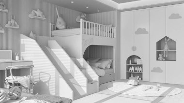 Tamamen beyaz proje taslağı, modern ahşap çocuk odası merdivenli ve kaydıraklı ranza, parke zemin, sandalye ve dizüstü bilgisayarlı masa, yuvarlak halı, oyuncaklar ve dekorlar. İç tasarım