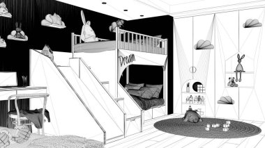 Proje taslağı, modern ahşap çocuk odası merdivenli ve kaydıraklı ranza, parke zemin, sandalye ve dizüstü bilgisayarlı masa, yuvarlak halı, oyuncaklar ve dekorlar. İç tasarım fikri