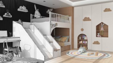 Mimari iç mimar konsepti: tamamlanmamış el yapımı taslak proje, çocuk odası, merdiven ve kaydırak ile ranza, parke zemin, sandalyeli masa