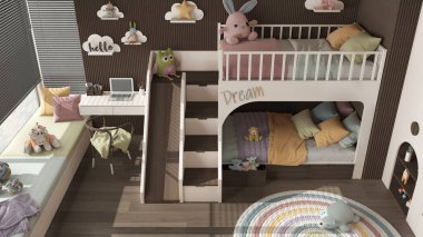 Modern ahşap yatak odası, ranzası koyu renkli ve pastel tonlu, parke, kanepeli pencere, sandalyeli masa, gardırop, halı, oyuncaklar ve dekorlu. Üst görünüm, yukarıda, iç tasarım