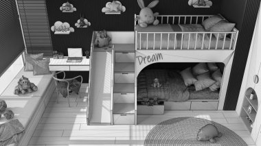 Tamamlanmamış proje taslağı, ranzalı, parke, kanepeli pencere, masa ve sandalye, gardırop, halı, oyuncak ve dekorlu modern ahşap çocuk odası. Üst görünüm, yukarıda, iç tasarım