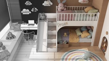 Mimar iç mimar konsepti: elle çizilmiş tamamlanmamış proje, ranzalı yatak odası, parke, masa ve sandalye, gardırop ve halı. Üst görünüm, yukarıda