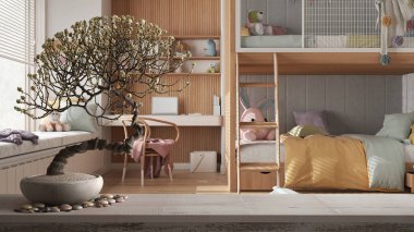 Çakıl taşı ve saksı çiçekli klasik ahşap masa rafı, beyaz çiçekler, çocukların yatak odasının üzerinde pastel tonlarda, parke, sandalyeli masa, iç tasarım, mimari konsept