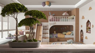 Çakıl taşı ve saksılı ahşap masa rafı, bonsai çiçeği, yeşil yapraklar, çocukların yatak odasının üzerinde pastel tonlarda, parke, sandalyeli masa, iç tasarım, mimari konsept.