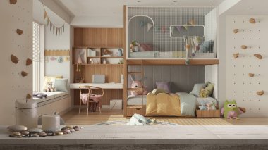 Üzerinde mumlar ve çakıl taşları olan ahşap bir masa ya da raf, çocukların yatak odasının üzerinde pastel tonlarda, ranza, parke, sandalyeli masa, iç tasarım, mimari konsept.