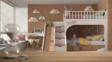 Ahşap masa, masa ya da raf kristal modern kum saati ile çocukların yatak odası, iç tasarım, fotokopi alanı arkaplanı üzerine bir geri sayıma kadar geçen zamanı ölçüyor.