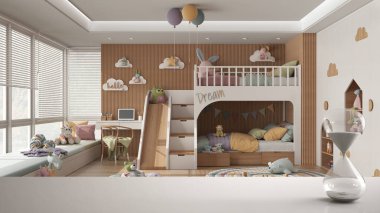 Beyaz masa ya da raf kristal kum saati ile modern beyaz ve ahşap çocuklar için yatak odası, mimari iç tasarım, fotokopi alanı arkaplanı