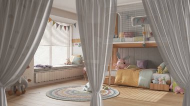 Beyaz perdeler çocukların yatak odasını, iç tasarım arka planını, ön görünümü, kırpma yolunu, dikey kıvrımları, yumuşak tül tekstil dokusunu, sahne konseptini kopya alanı ile örtüyor