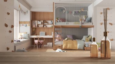 Ahşap masa ya da raf aromatik çubuklarla dolu şişeler modern beyaz ve ahşap çocuklar için yatak odası ranza, oyuncak ve kuklalar, parke, rahat iç mimari tasarım