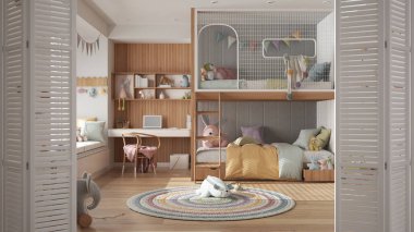 Beyaz katlanır kapı modern ahşap çocuk yatak odasında ranzalı ve masalı sandalye, pencere, oyuncaklar ve kuklalar, parke, iç tasarım, mimar tasarım fikri