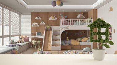 Beyaz masa üstü ya da rafta ev şeklinde yeşil bitki, ranzalı modern çocuk odası, sandalyeli masa, iç tasarım, emlak, ekolojik mimari fikri