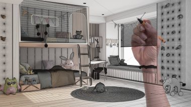 El çizimi modern çocuklar için beyaz tonlarda yatak odası, parke, pencere, yastıklı ranza, oyuncaklar ve kuklalar. Tamamlanmamış proje mimarisi iç tasarım