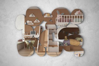 Modern mirror in the shape of pebbles hanging on the wall reflecting interior design scene, contemporary children bedroom, bunk bed and desk, parquet, architect designer concept idea