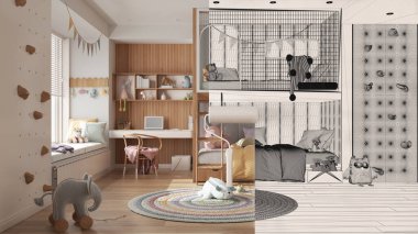 Boya patencisi iç tasarım tasarım taslağı arka plan çizimi. Bu arada alan çocuk odasını gösteriyor. Önce ve sonra, mimar tasarımcı yaratıcı iş akışı