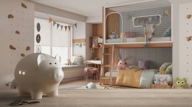 Beyaz kumbaralı ahşap masa ya da raf bozukluklu, modern çocuk odası, ranza, parke, pahalı iç mimar, yenileme konsepti mimarisi