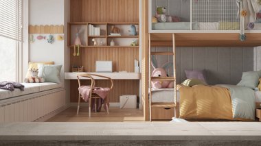 Ahşap eski masa ya da raf yakın plan, modern çocukların yatak odası üzerinde ranza, masa ve sandalye, oyuncaklar ve kuklalar, parke, beyaz iç mimari tasarım