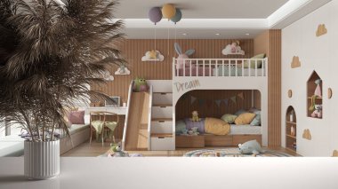 Beyaz masa üstünde ya da rafta pipetler, kuru bitkiler, süs, kulaklar, çarşaf, vazo dalları, modern çocukların üzerinde ranza ve masa ile beyaz yatak odası, modern minimal iç tasarım