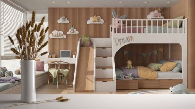 Beyaz masa üstünde ya da rafta pipetler, kuru bitkiler, süs, kulaklar, çarşaf, vazo dalı, modern çocukların üzerinde ranza ve oyuncaklarla dolu beyaz yatak odası, modern minimal iç tasarım