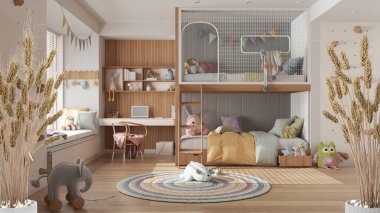 Çakıl taşları, kuru bitkiler, süs, kulaklar, çarşaf, vazo dalları, beyaz çocukların yatak odası, oyuncaklar ve kuklalarla dolu masa, minimal iç tasarım