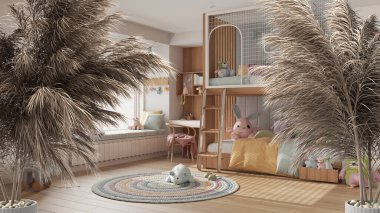 Çakıl taşları, kuru bitkiler, süs, kulaklar, çarşaf, vazo dalları, beyaz çocukların yatak odası, halı, oyuncaklar ve kuklalar, modern iç tasarım