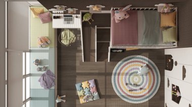 Modern ahşap yatak odası, ranzası koyu renkli ve pastel tonlu, parke, kanepeli pencere, masa, gardırop, halı, oyuncak ve dekorlu. Üst görünüm, plan, yukarıda, iç tasarım fikri