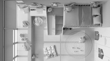 Tamamen beyaz proje taslağı, ranzalı, parke, kanepeli pencere, sandalyeli masa, gardırop, halı ve oyuncaklı modern ahşap çocuk odası. Üst görünüm, plan, yukarıda, iç tasarım